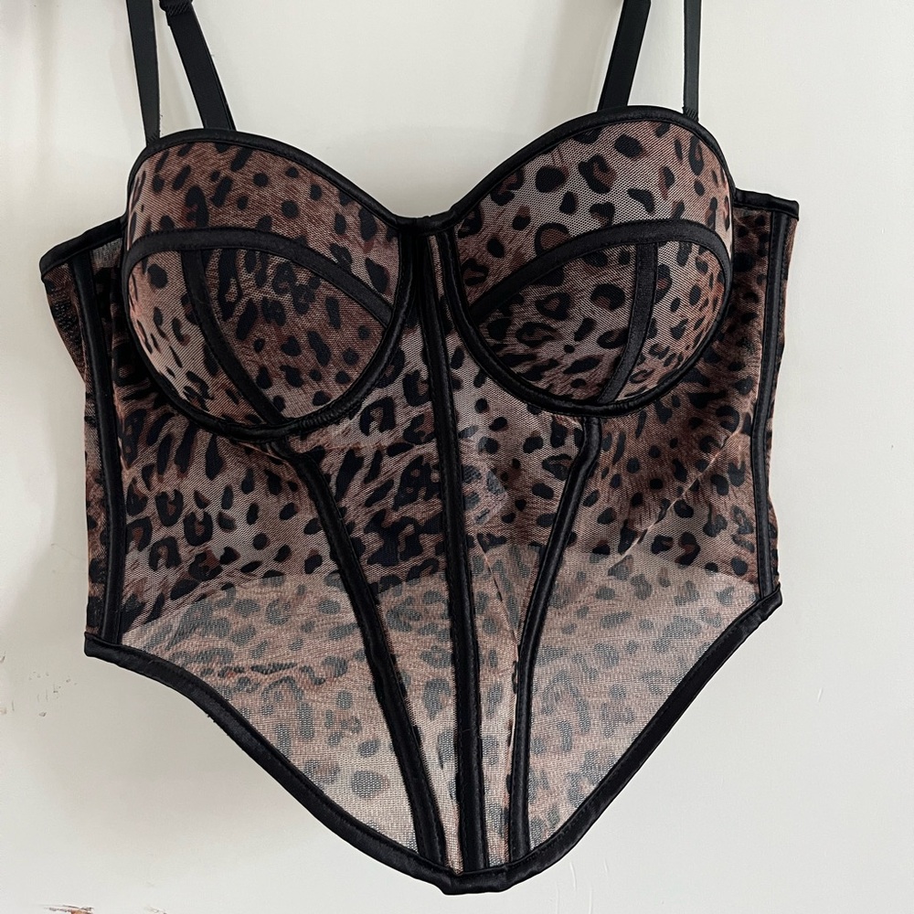 Leopard Mesh Bustier Bodysuit in Brown and Black